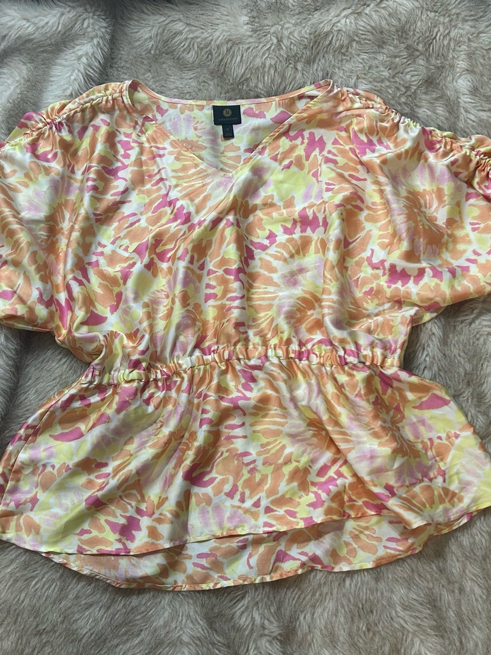 JM Collection Pink, Peach & Yellow Floral V-Neck Peplum Blouse